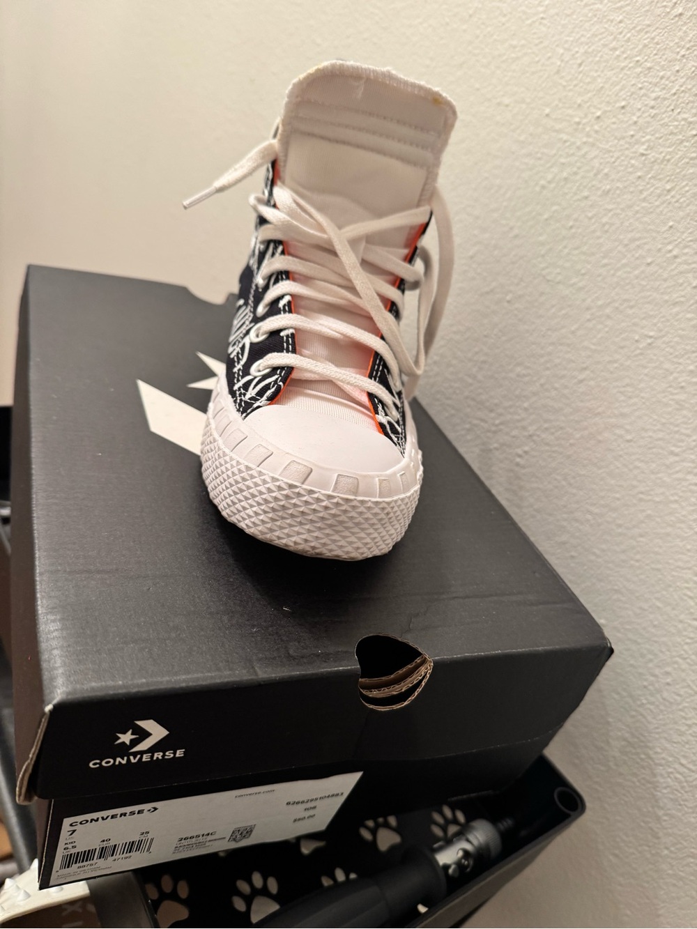Converse High Top Sneaker in White, Black & Orange